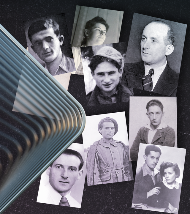 Von links, obere Reihe: Mordechai Anielewicz, (Anführer Ghettoaufstand in Warschau); Marianne Cohn (rettete jüdische Kinder aus Frankreich); Aron Bielski (jüdischer Partisan); Werner Scharff, („Gemeinschaft für Frieden und Aufbau, Luckenwalde); untere Reihe: Chaim Engel, (Lageraufstand Sobibor); Peter Gingold, (Résistance, Frankreich); Herbert Baum (Widerstandsgruppe Berlin); Szymon und Gusta Draenger (Widerstandsgruppe Krakau)