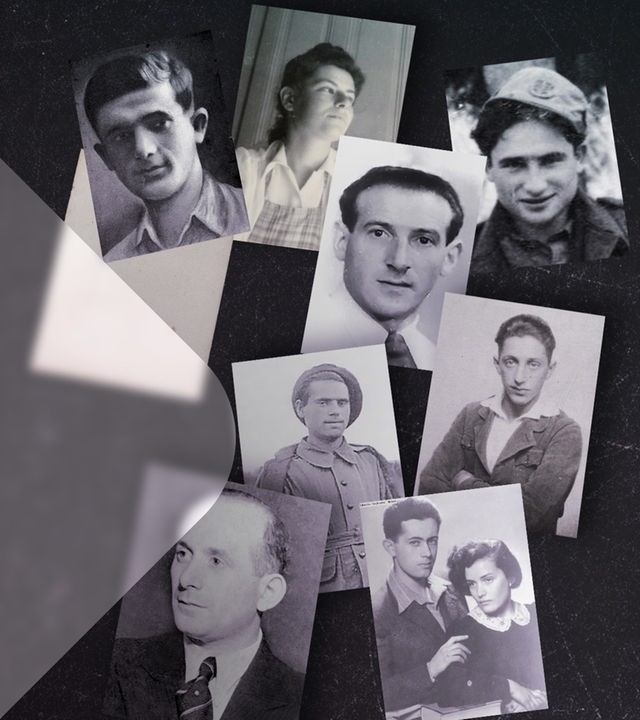 Von links, obere Reihe: Mordechai Anielewicz, (Anführer Ghettoaufstand in Warschau); Marianne Cohn (rettete jüdische Kinder aus Frankreich); Aron Bielski (jüdischer Partisan); Werner Scharff, („Gemeinschaft für Frieden und Aufbau, Luckenwalde); untere Reihe: Chaim Engel, (Lageraufstand Sobibor); Peter Gingold, (Résistance, Frankreich); Herbert Baum (Widerstandsgruppe Berlin); Szymon und Gusta Draenger (Widerstandsgruppe Krakau)
