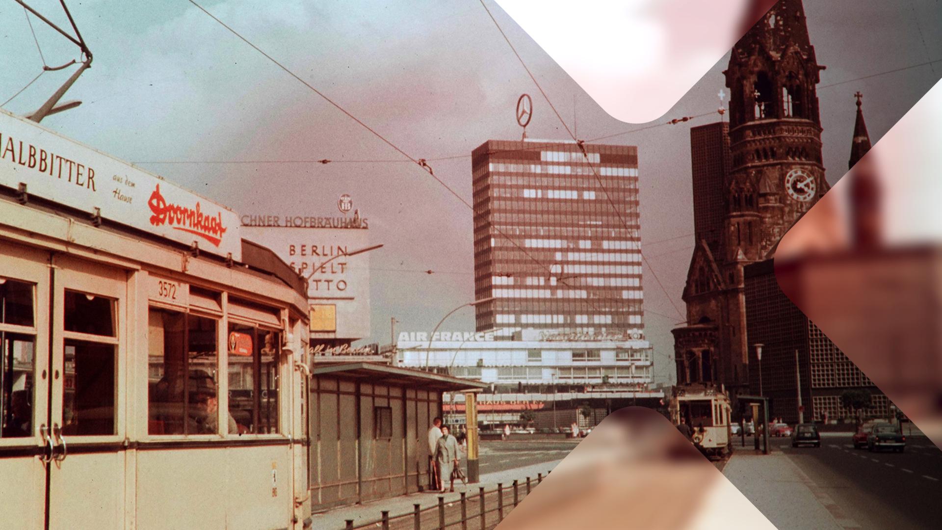 Gedächtniskirche Berlin mit Straßenbahn im Vordergrund 