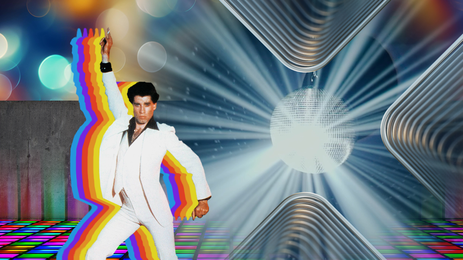 John Travolte in "Saturday Night Fever" neben einer Discokugel