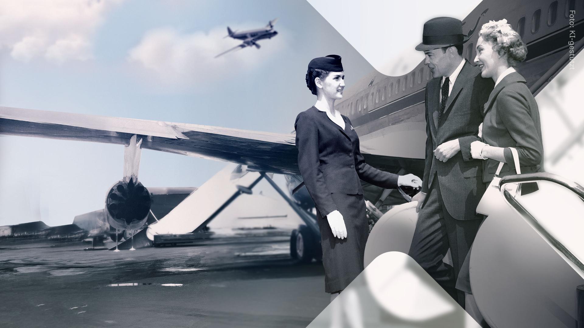 Ein Paar steigt aus einem Flugzeug aus. 