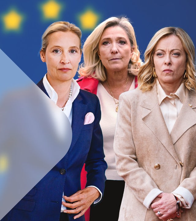 Alice Weidel, Marine Le Pen und Giorgia Meloni in einer Collage vor einer im Hintergrund verblassenden EU-Flagge
