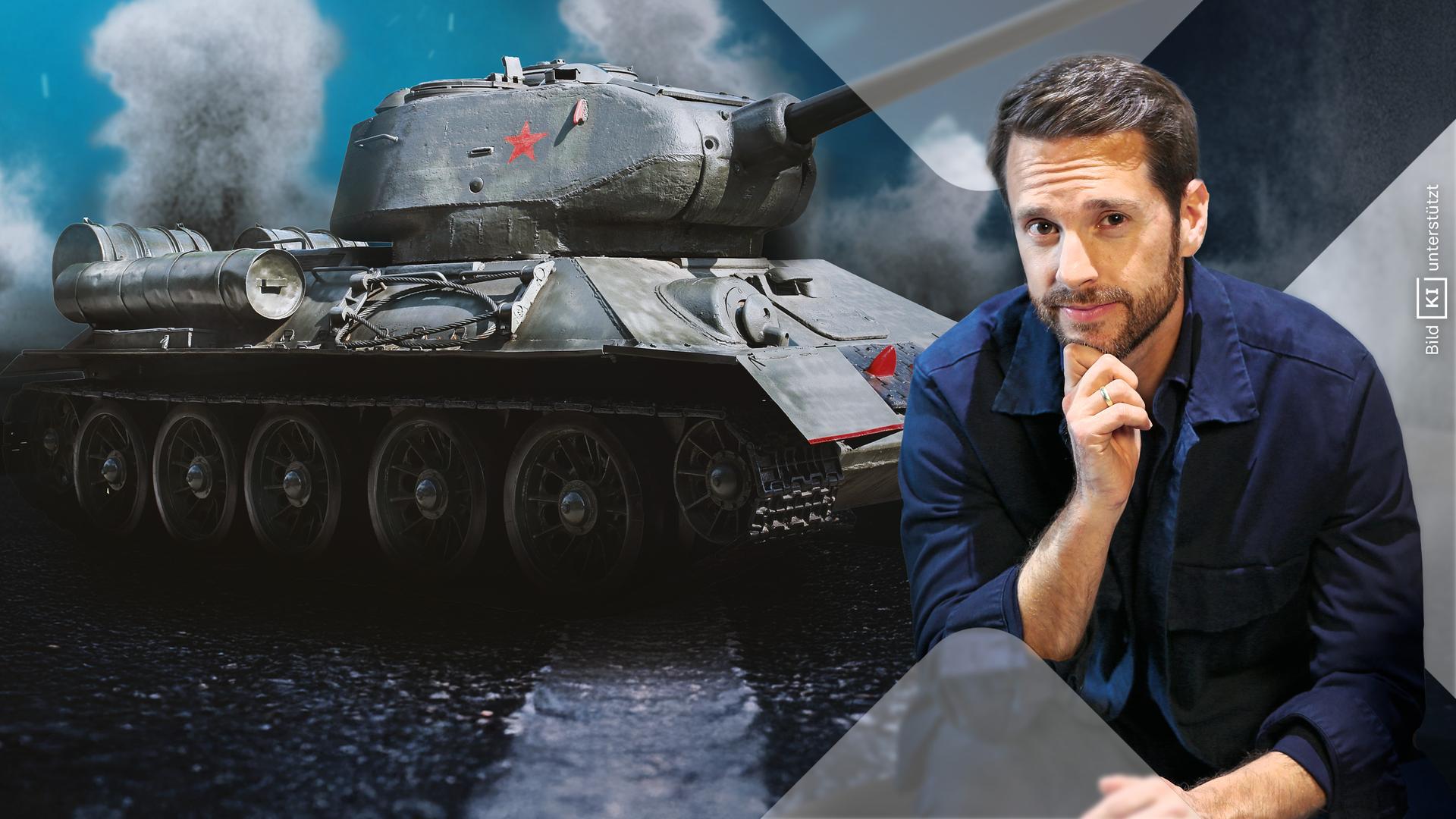 Mirko Drotschmann in einer Collage mit einem sowjetischen Panzer.