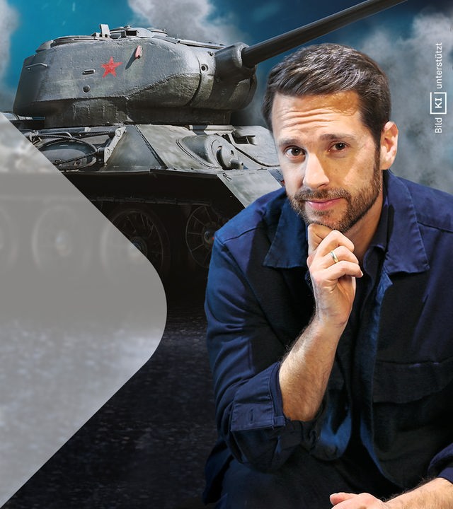 Mirko Drotschmann in einer Collage mit einem sowjetischen Panzer.