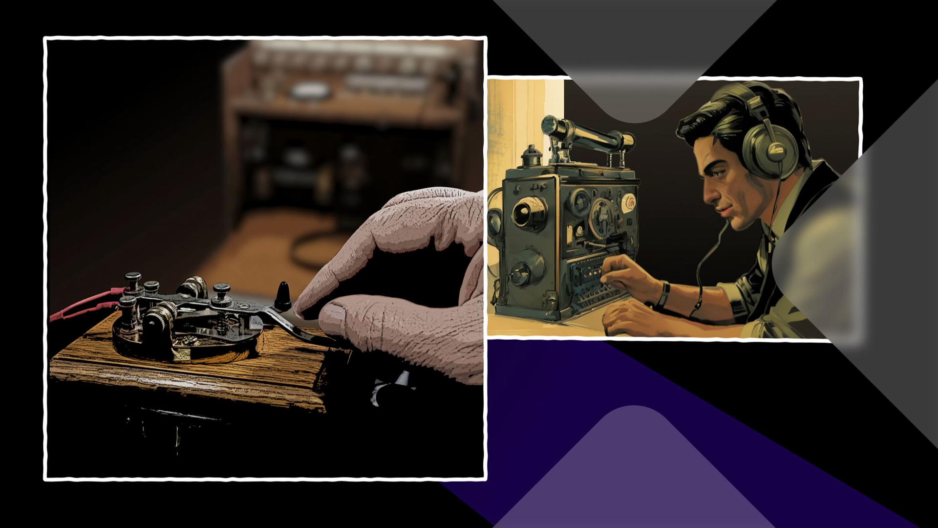 Ein Mann in Hemd und Pullunder sitzt an einem Tisch vor einem Abhörgerät, er trägt Kopfhörer und wirkt ernst. 