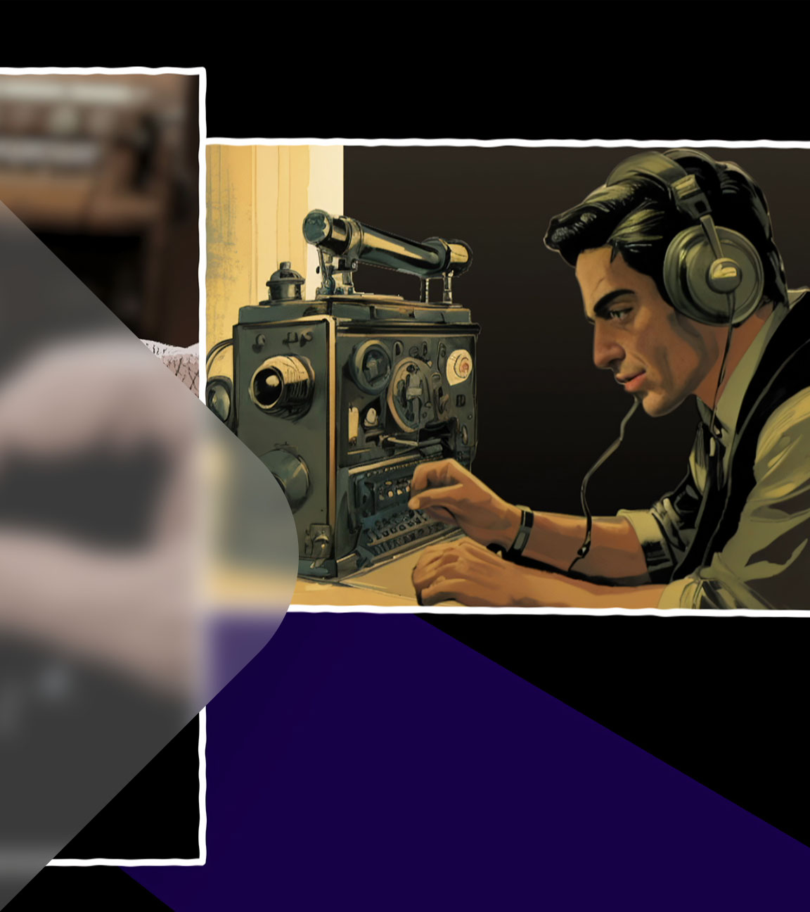 Ein Mann in Hemd und Pullunder sitzt an einem Tisch vor einem Abhörgerät, er trägt Kopfhörer und wirkt ernst. 