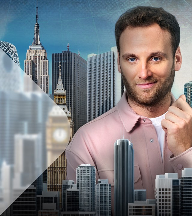 Leon Windscheid vor Skylines der Weltstädte