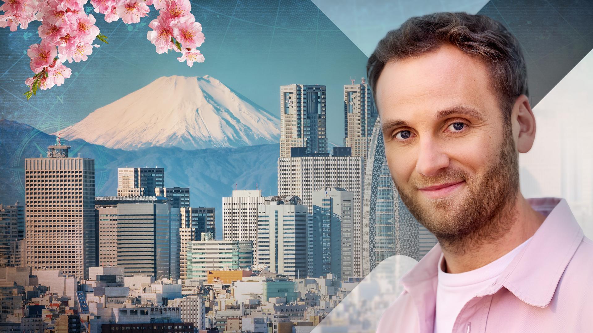 Leon Windscheid vor Skyline mit Fuji (Collage)
