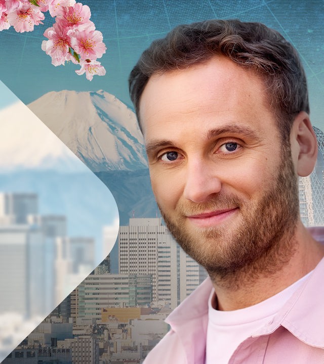 Leon Windscheid vor Skyline mit Fuji (Collage)
