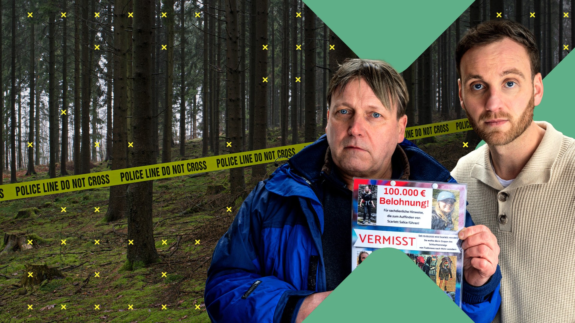 True Crime bei Terra Xplore: Leon Windscheid steht neben Ralf Salice, den Vater der Vermissten Scarlett Salice, am Ort des Geschehens