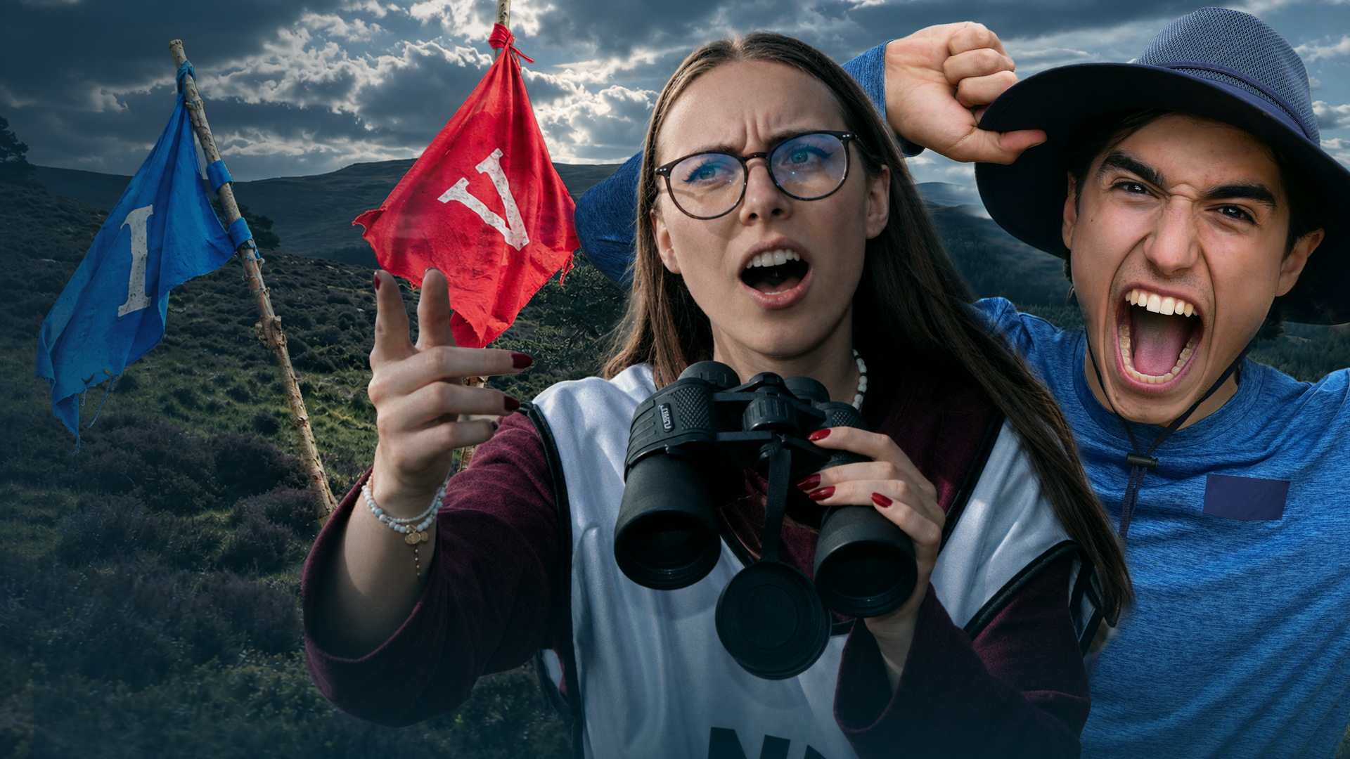 Das montierte Vorschaubild zeigt Felikah und Kaan vor einer Waldlandschaft. Felikah steht links von Kaan im Vordergrund und hält ein schwarzes Fernglas vor der Brust. Mit verärgertem Blick zeigt sie nach links. Kaan steht rechts hinter ihr, trägt ein blaues Oberteil und einen großen Hut. Er hebt eine geballte Faust und hat den Mund weit geöffnet. Im Hintergrund wehen eine blaue und eine rote Flagge.