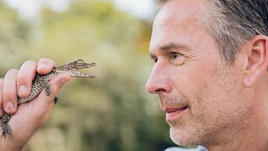 Dirk Steffens mit einem Kubakrokodil-Baby