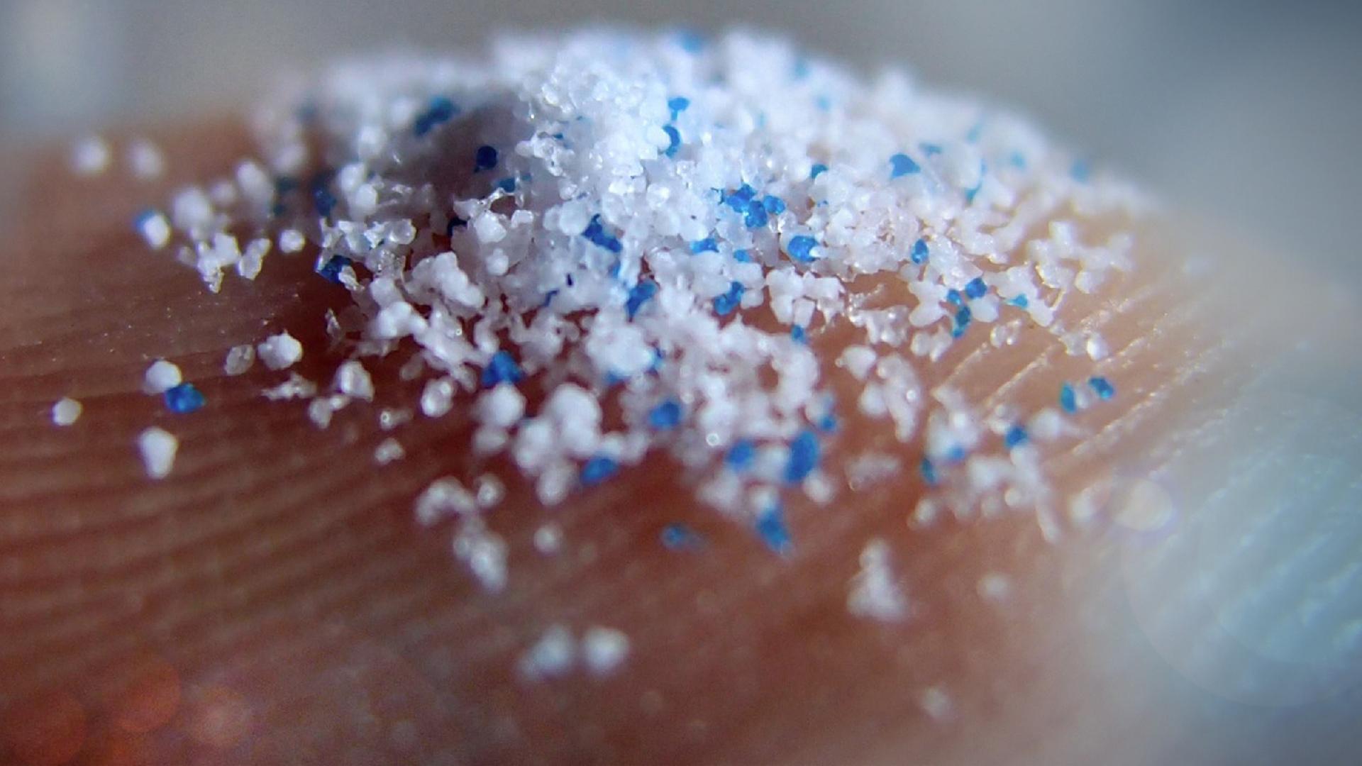 Primäres Mikroplastik auf einer Fingerkuppe