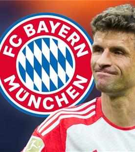 Bildmontage mit Thomas Müller und dem Logo des FC Bayern München