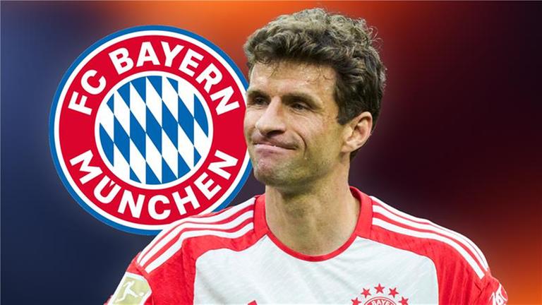 Bildmontage mit Thomas Müller und dem Logo des FC Bayern München