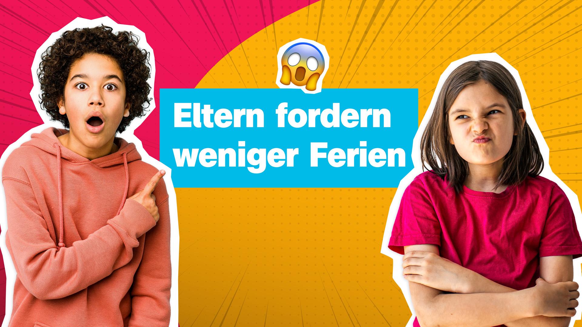 Rechts verschränkt ein Mädchen die Arme und schaut sauer. Auf der linken Seite zeigt ein Junge mit überraschtem Gesichtsausdruck auf den Schriftzug: "Eltern fordern weniger Ferien".