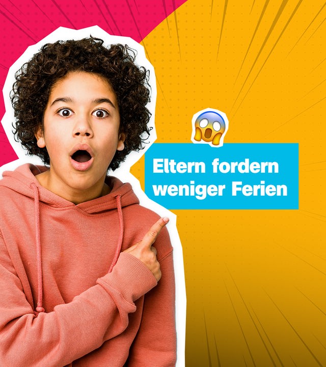 Rechts verschränkt ein Mädchen die Arme und schaut sauer. Auf der linken Seite zeigt ein Junge mit überraschtem Gesichtsausdruck auf den Schriftzug: "Eltern fordern weniger Ferien".