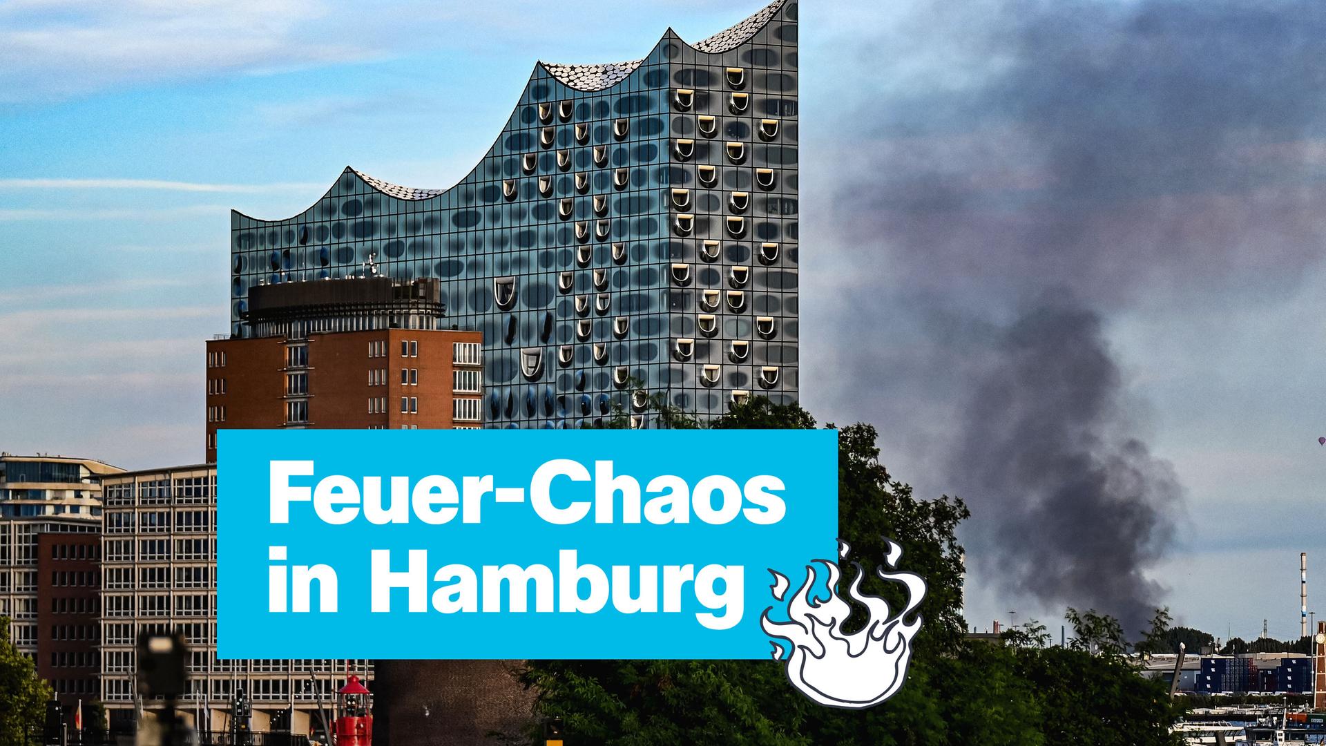 Die Hamburger Elbphilharmonie und Rauch am Himmel. Links der Text "Feuer-Chaos in Hamburg".