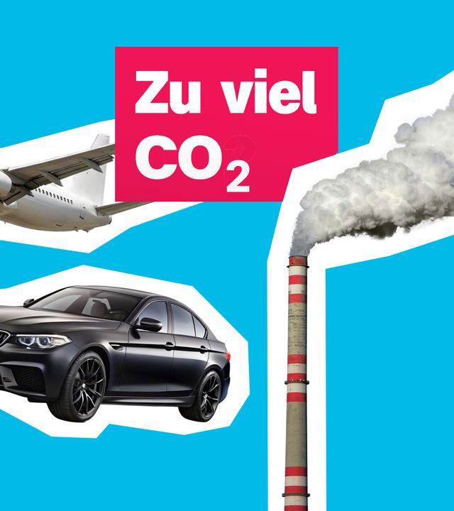 Ein rauchender Schornstein, ein Auto und ein Flugzeug vor blauem Hintergrund 