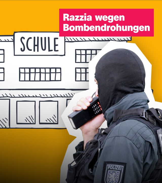 Gezeichnete Schule auf gelben Hintergrund, davor Fotoausschnitt vermummeter Polizist mit Funkgerät - dazu Schrift "Razzia wegen Bombendrohungen"