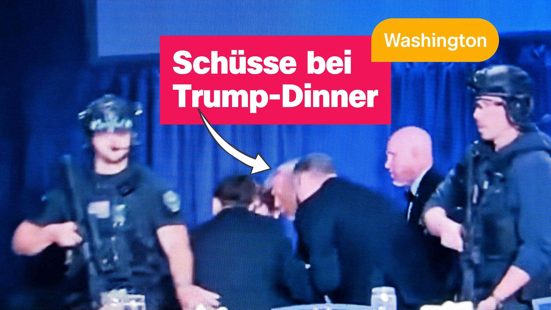 Trump, wie er von Sicherheitsleuten geschützt wird. 