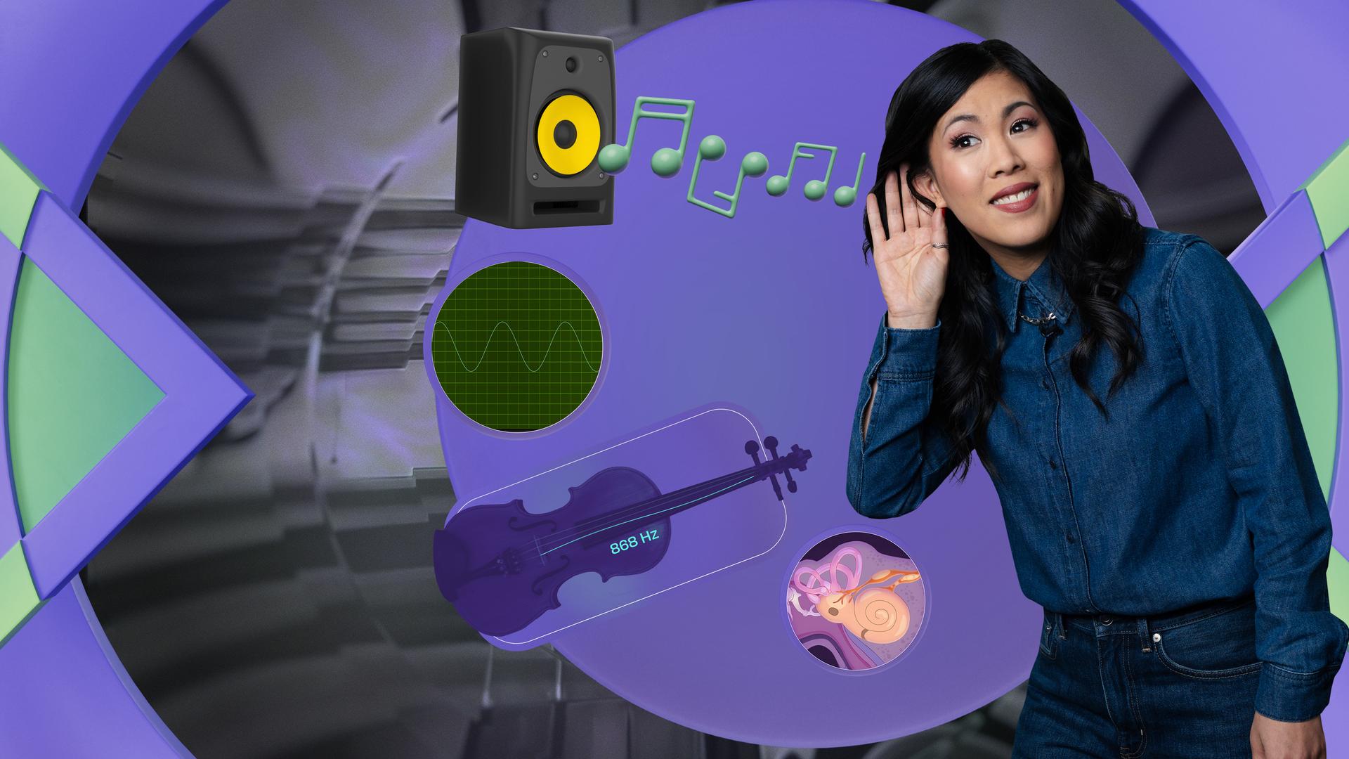 Mai Thi Nguyen-Kim hat eine Hand an ihr Ohr gelegt und tut so, als würde sie Musik aus einer grafisch-dargestellten Lautsprecherbox hören.