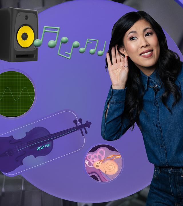Mai Thi Nguyen-Kim hat eine Hand an ihr Ohr gelegt und tut so, als würde sie Musik aus einer grafisch-dargestellten Lautsprecherbox hören.