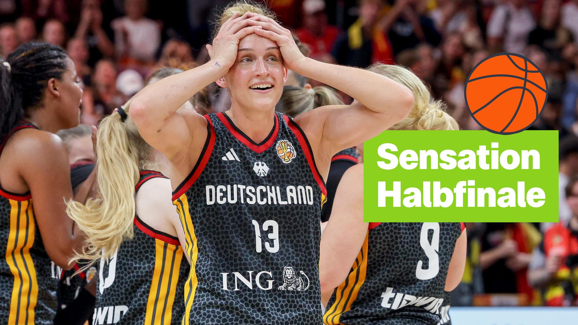 Deutsche Basketballerin auf dem Spielfeld fasst sich an den Kopf 