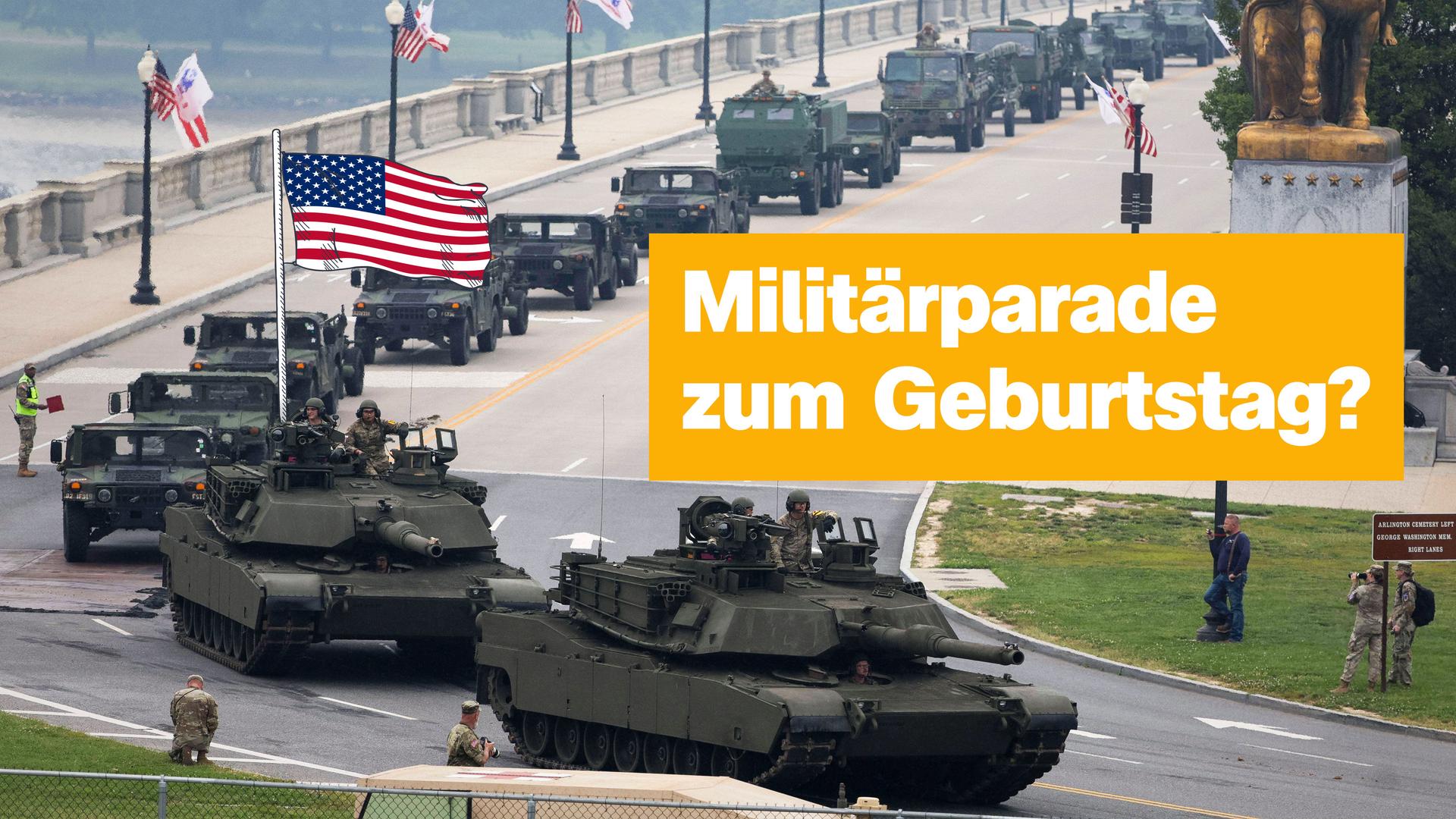 Panzer bilden eine Parade auf einer Straße, dazu eine USA-Flagge 