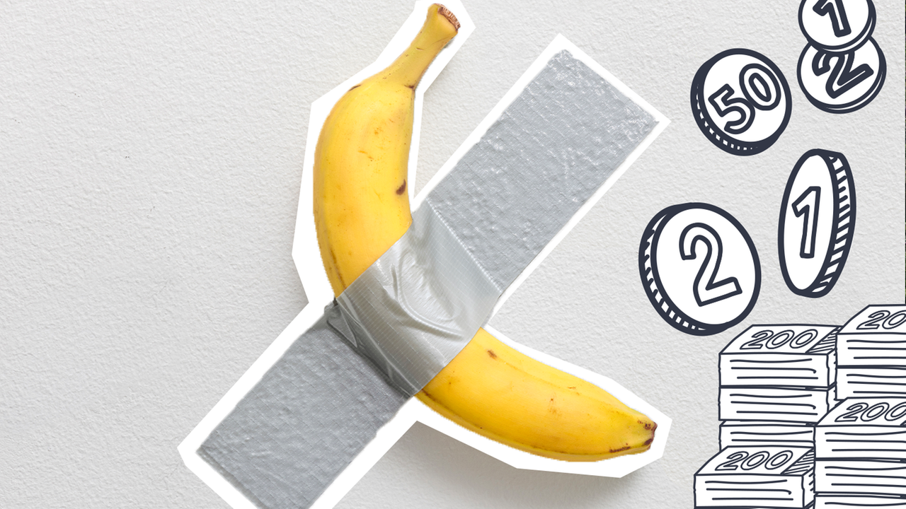 Fotomontage: An die Wand geklebte Banane, davor gezeichnete Münzen und Scheine