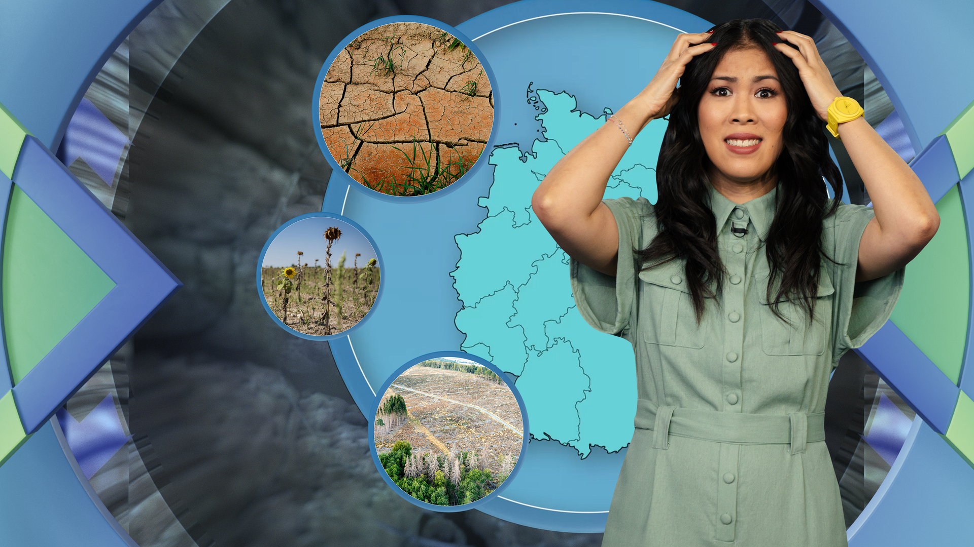 Mai Thi Nguyen-Kim greift sich gestresst mit beiden Händen an den Kopf. Links von ihr sind verschiedene Abbildungen von ausgetrocknetem Boden und verdorrten Feldern zu sehen, dahinter eine Karte von Deutschland.
