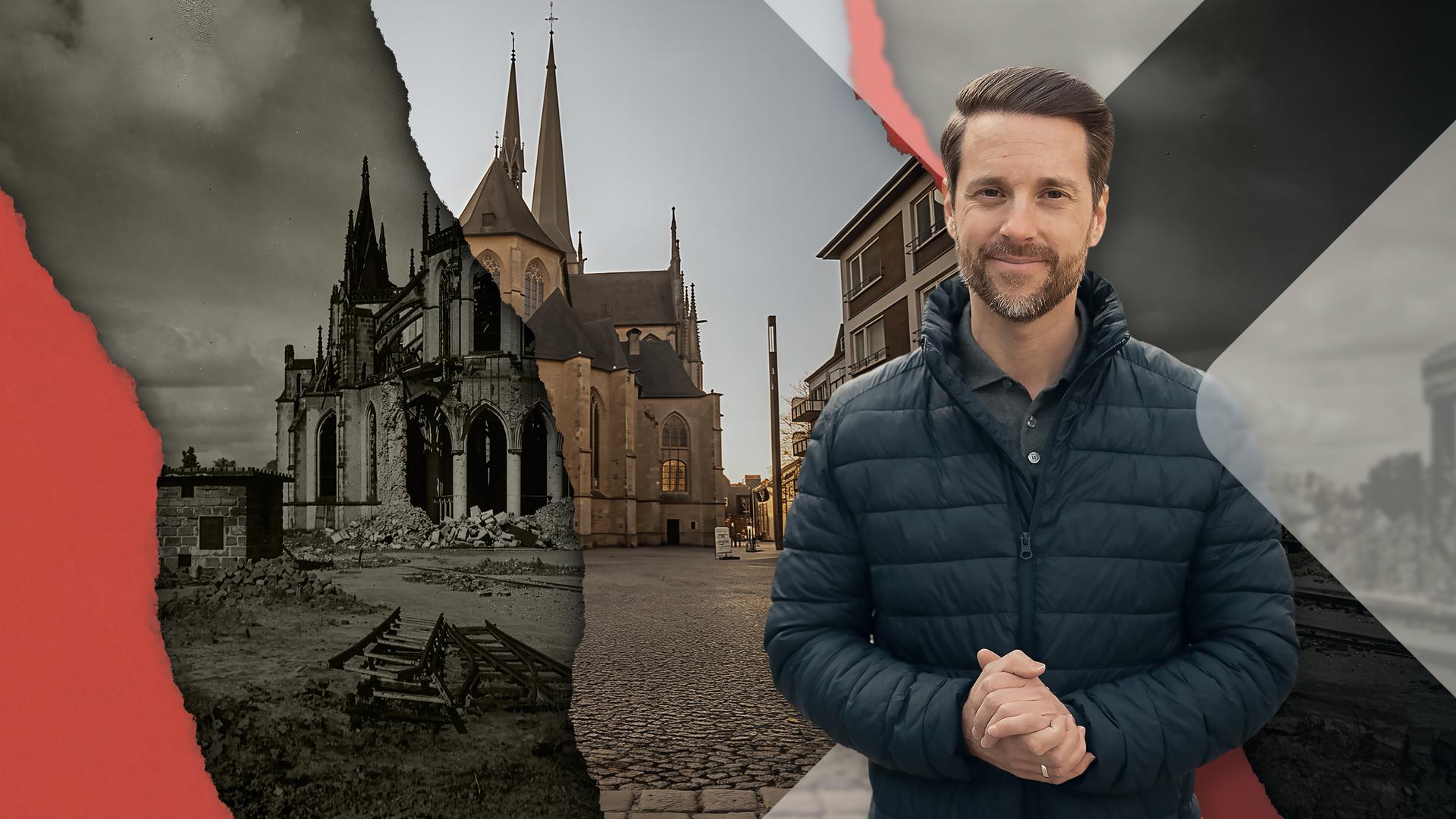 Mirko Drotschmann vor einem Dom in einer Innenstadt. 