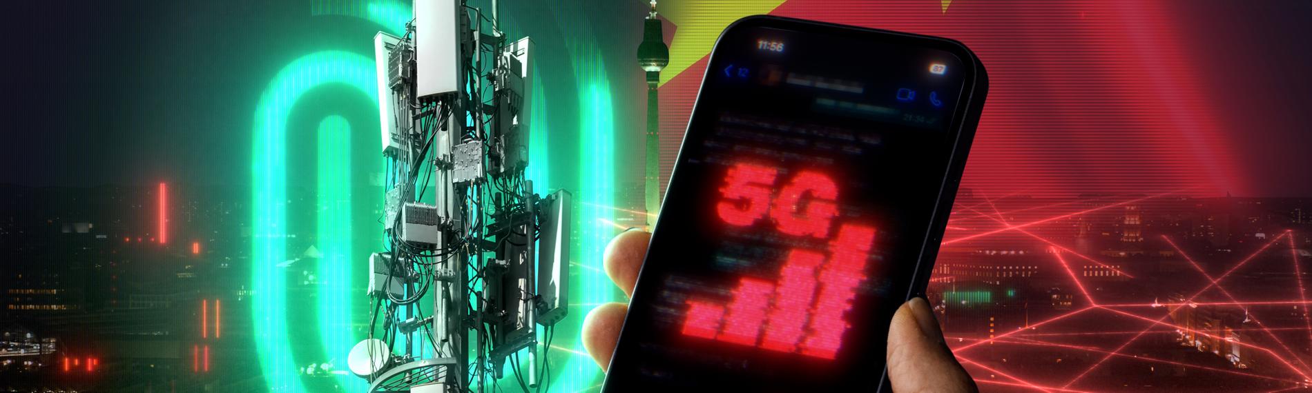 Handy mit 5G auf dem Display, Mobilfunkmast und chinesische Flagge im Anschnitt