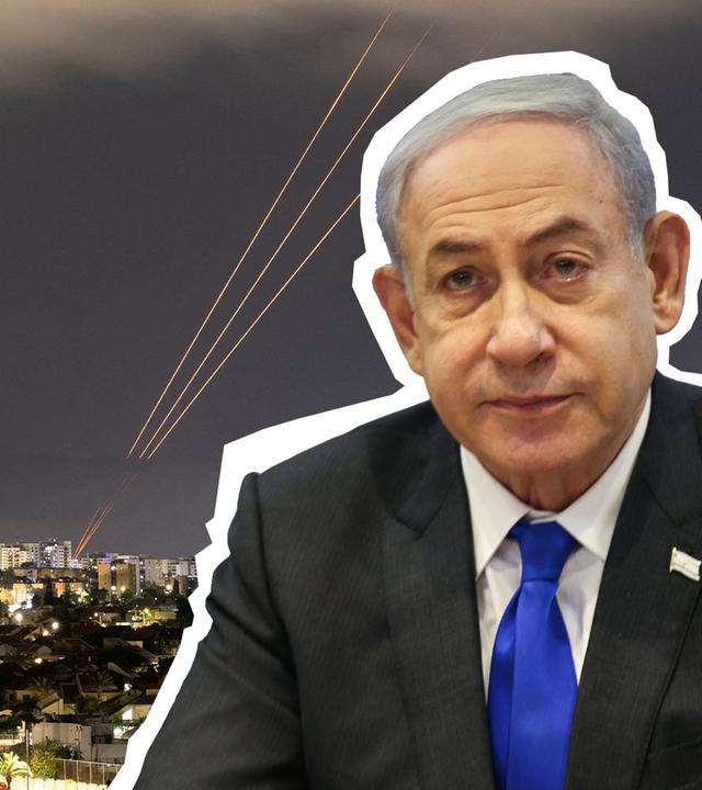 Der israelische Ministerpräsident dahinter ein Bild vom israelischen Nachthimmel, an dem Drohnen/Raketen, sowie das Luftabwehrsystem zu erkennen sind