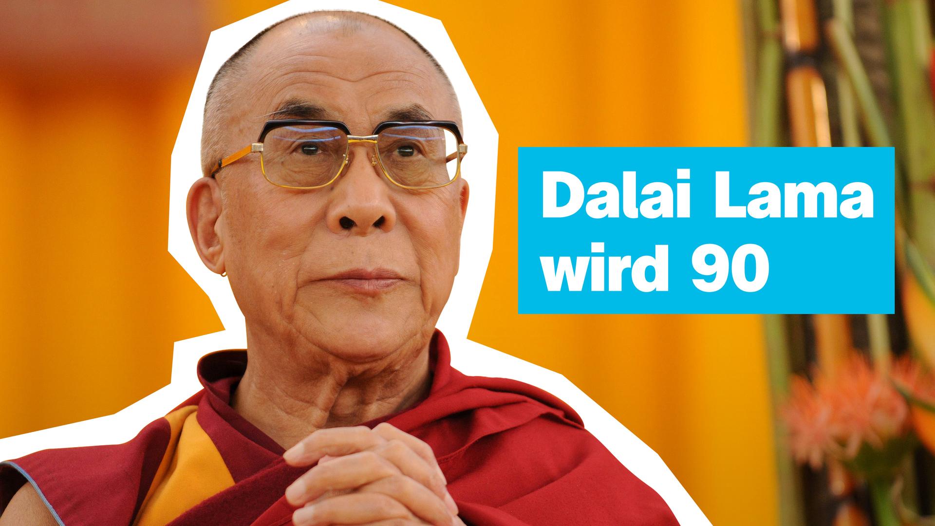 Der Dalai Lama in der Großaufnahme. Rechts davon der Text "Dalai Lama wird 90".