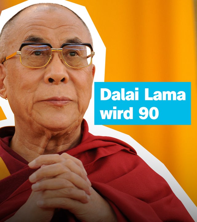 Der Dalai Lama in der Großaufnahme. Rechts davon der Text "Dalai Lama wird 90".