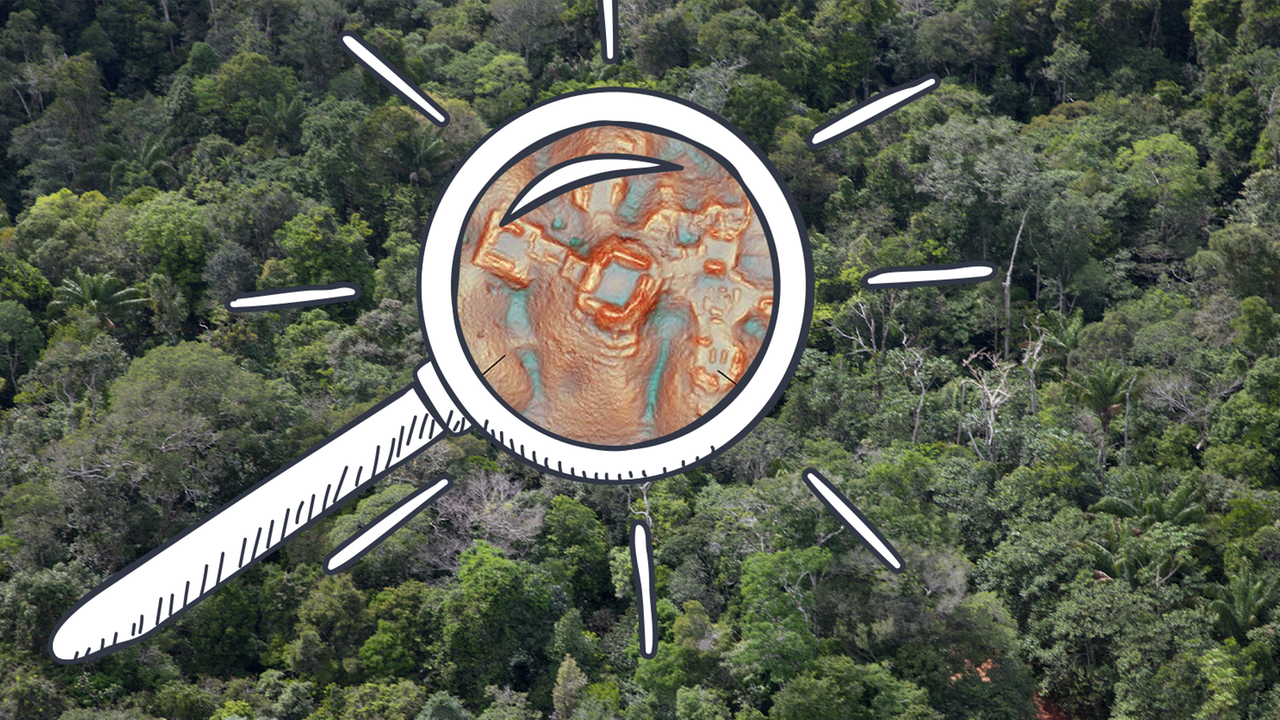 Fotomontage: Dichter Dschungel von oben, darauf eine Lupe, in der ein 3D-Scan von Ruinen zu sehen ist