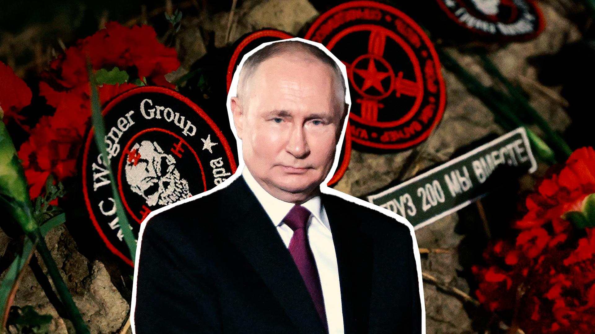 Putin vor Wagner Symbol und Rosen
