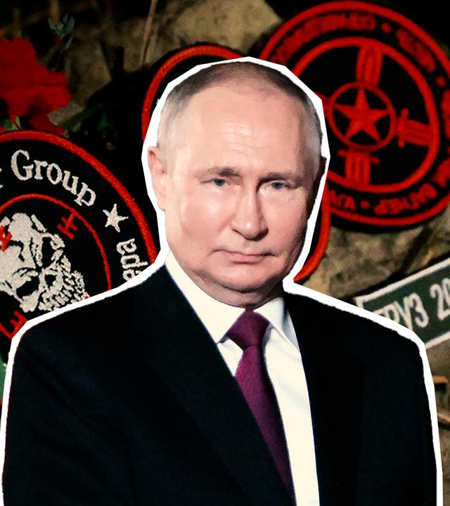 Putin vor Wagner Symbol und Rosen