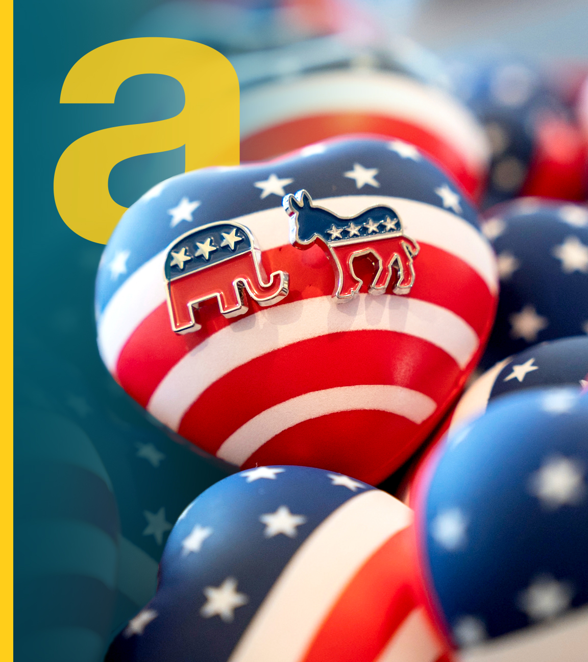 Stein Herz mit amerikanischer Flagge und den Symbolen der Parteien