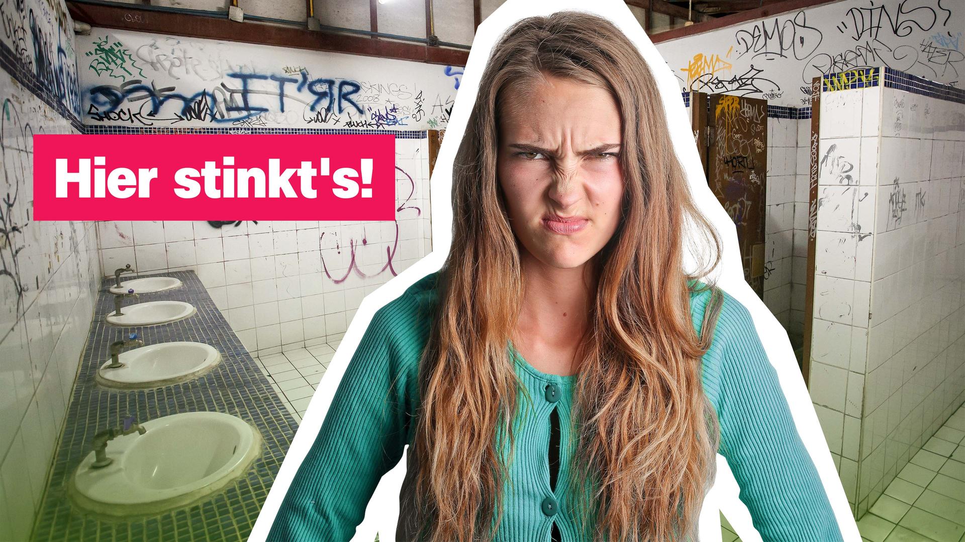 Ein Mädchen rümpft die Nase, im Hintergrund Schultoiletten