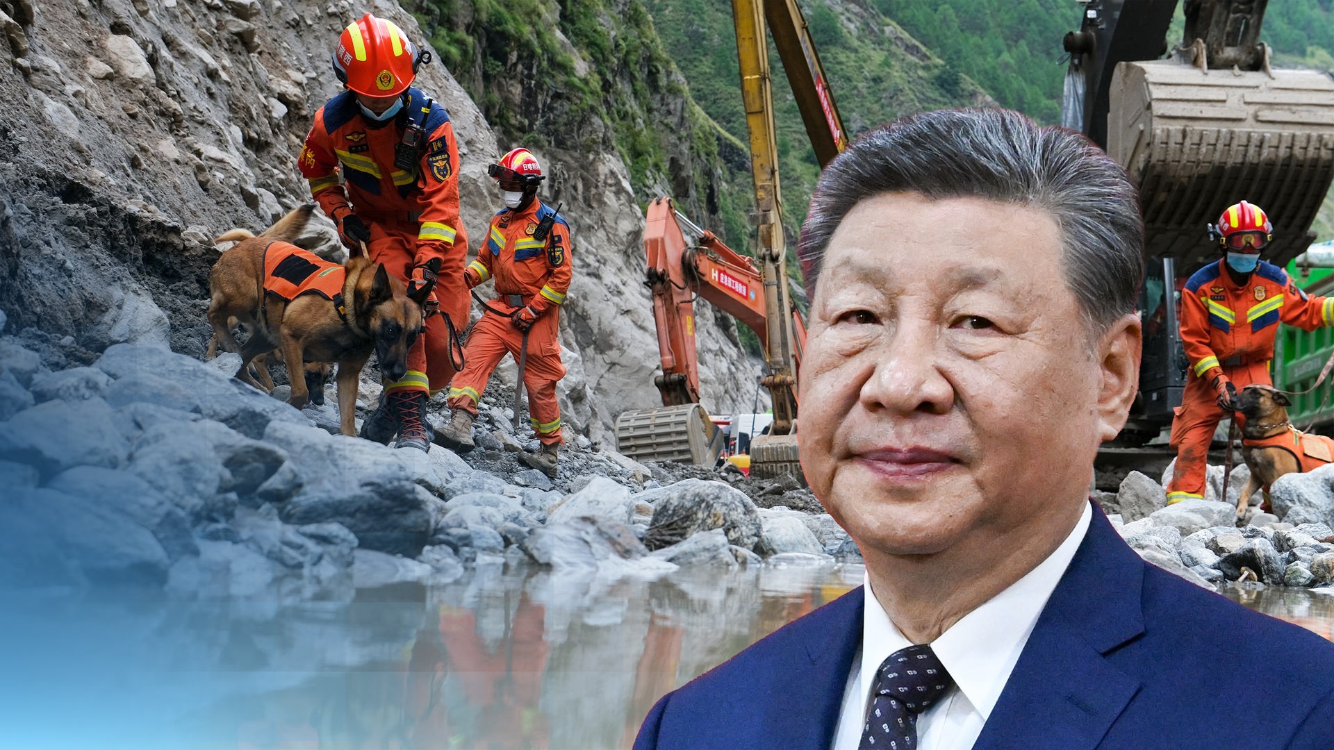Ein Ausschnitt des Chinesischen Präsidenten Xi vor Einsatzkräften, die in Nepal nach der schweren Sturzflut im Geröll nach Überlebenden suchen.
