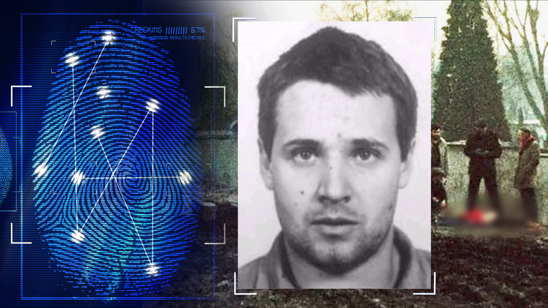 Schwarzweißfoto von Tibor Foco. Im Hintergrund eine Suchaktion der Polizei an einem Leichenfundort. Links daneben: Lichtschematische Darstellung eines Fingerabdrucks.