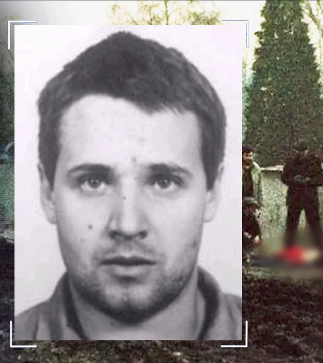 Schwarzweißfoto von Tibor Foco. Im Hintergrund eine Suchaktion der Polizei an einem Leichenfundort. Links daneben: Lichtschematische Darstellung eines Fingerabdrucks.