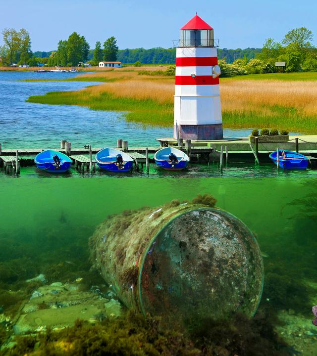 obere Bildhälfte Küste an der Ostsee mit Leuchtturm und Seegras, unteren Bildhälfte Unterwasseraufnahme mit verrosteter Munition