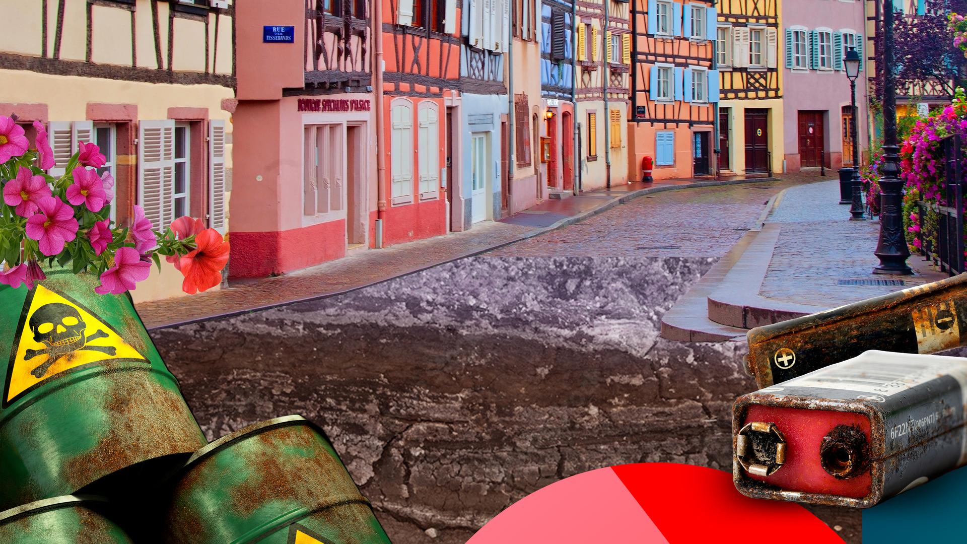 obere Bildhälfte: eine malerische Fachwerkhäuserzeile; untere Bildhälfte: Erdreich mit Sondermüll