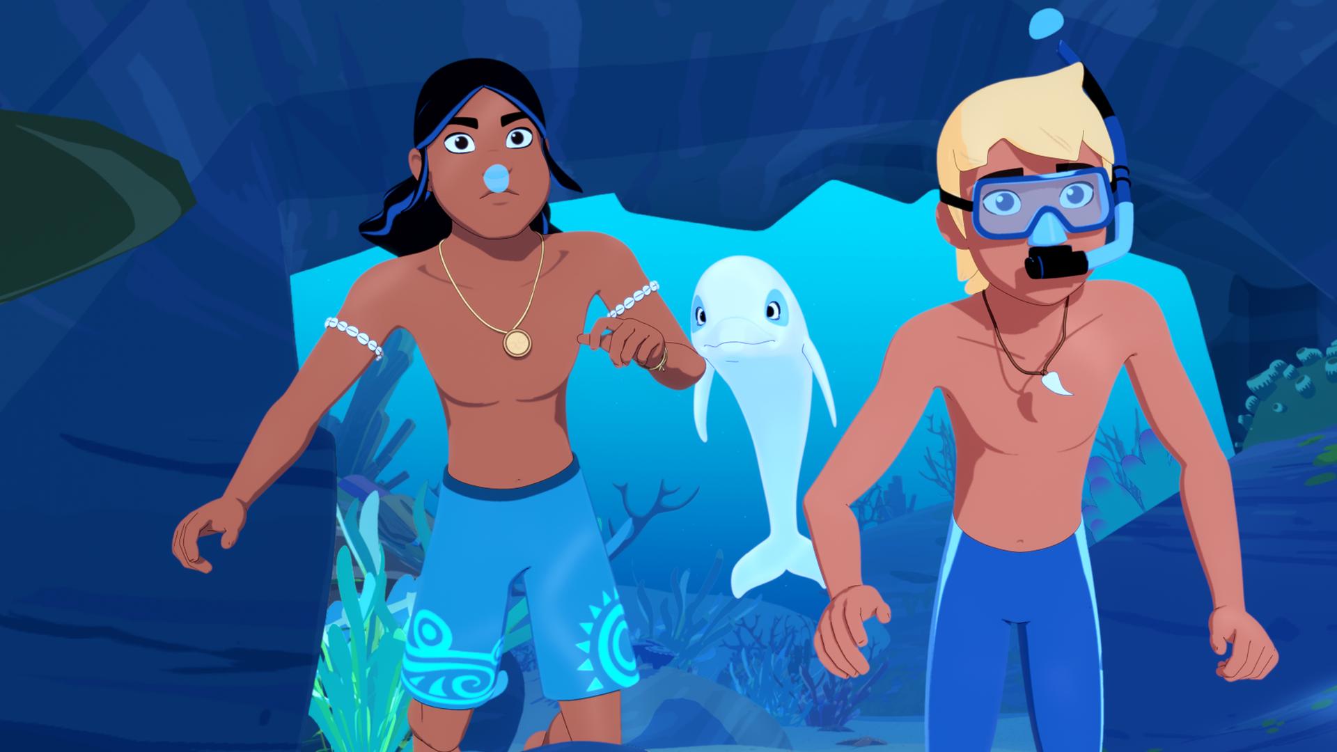 Auru und Yann tauchen in einer Höhle, Zoom schwimmt hinter ihnen. Sie schauen etwas vor ihnen an.