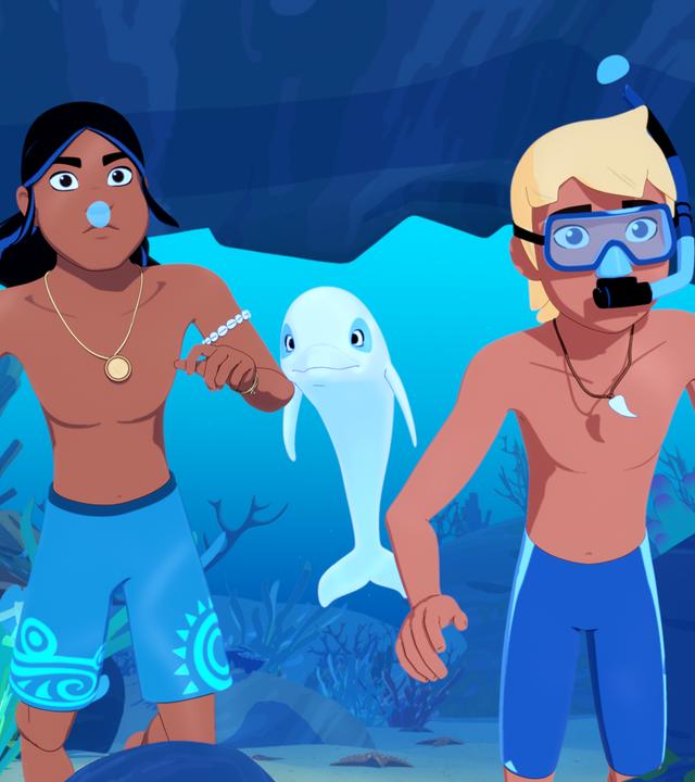Auru und Yann tauchen in einer Höhle, Zoom schwimmt hinter ihnen. Sie schauen etwas vor ihnen an.