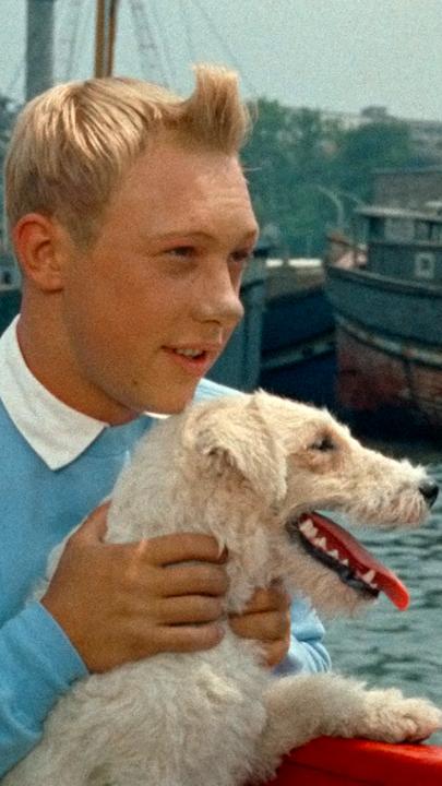 Tim (Jean-Pierre Talbot) und Struppi blicken von einem Boot aus auf den Hafen von Istanbul.