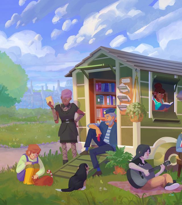 Szene aus einem Computerspiel: Mehrere Menschen, verschiedenen Geschlechts, Alters und Hautfarbe, stehen und Sitzen um einen offenen Bücherwagen und lesen. Eine Frau spielt Gitarre.